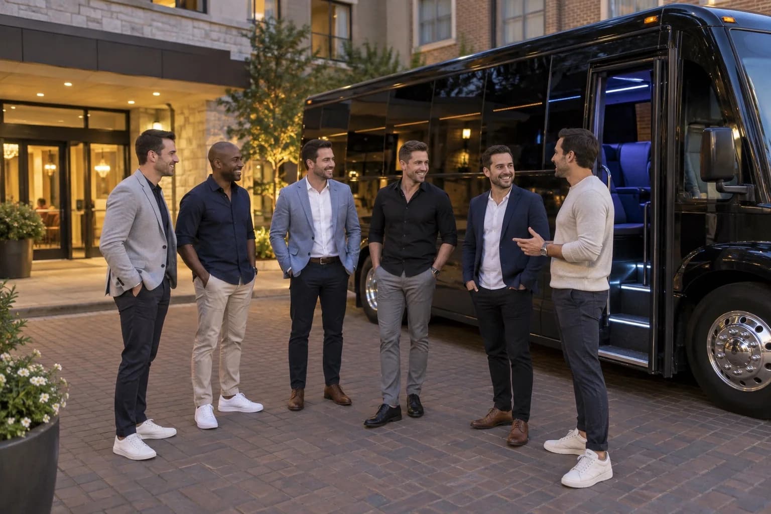 Bachelor group meeting beside a party bus