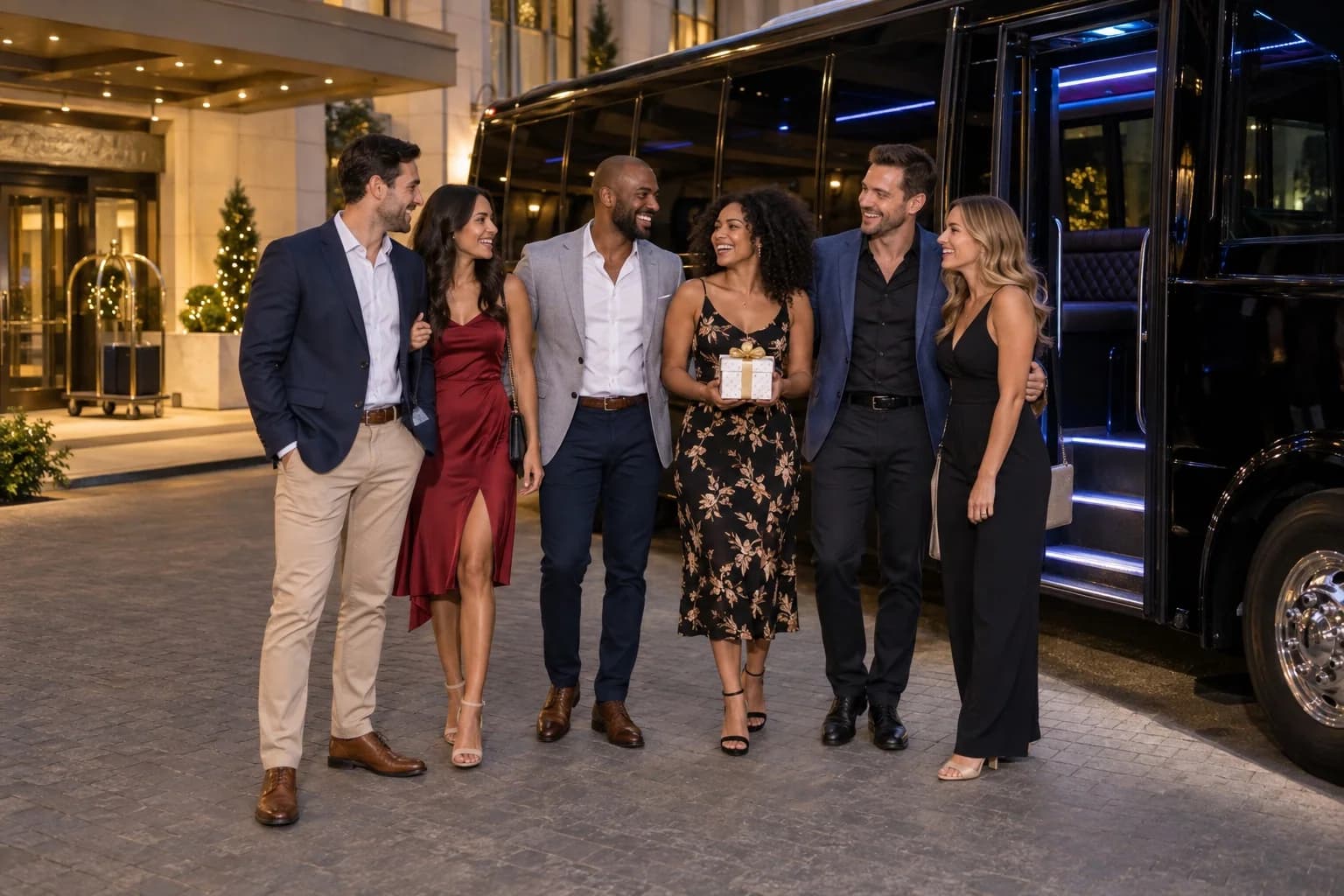 Adults celebrating a birthday beside a party bus
