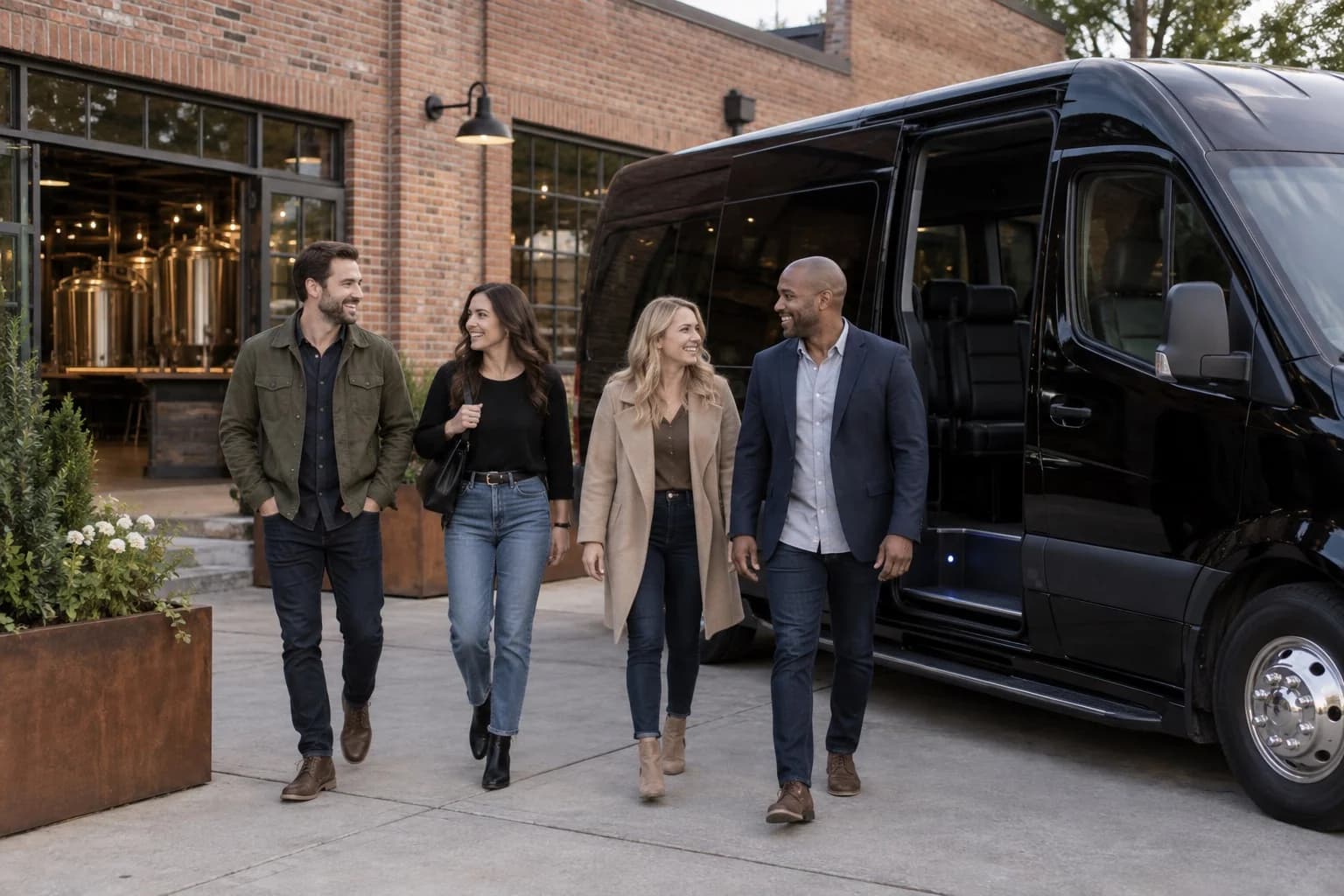 Adults beside a shuttle van outside a brewery