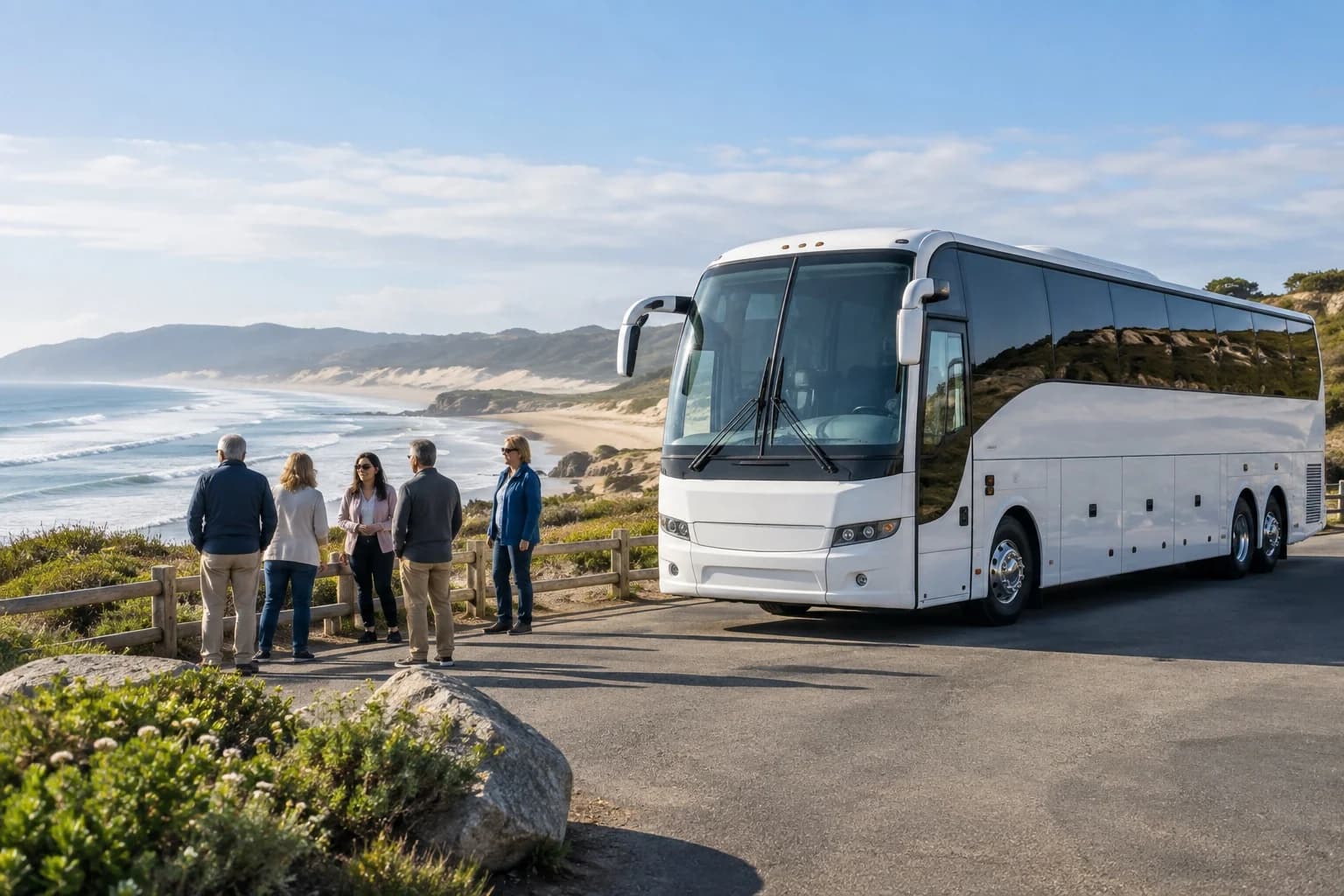Charter bus parked on a coastal road as a group steps off