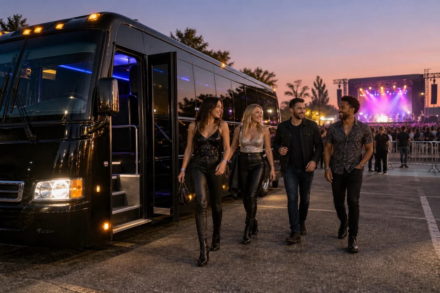 Group arriving at a concert venue in a party bus