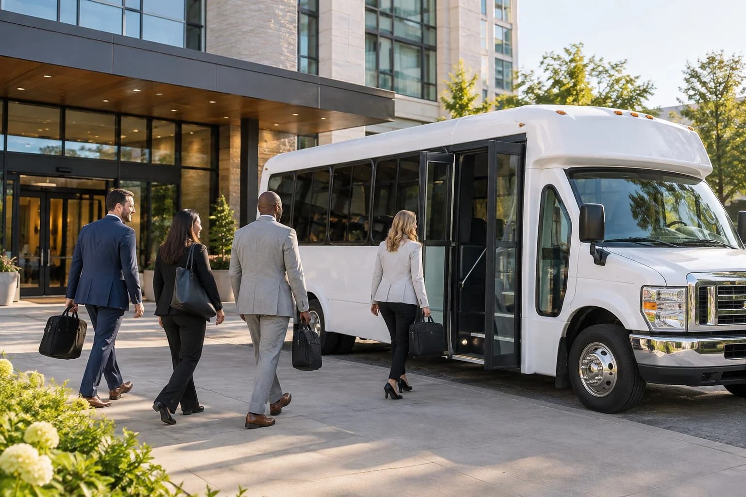 Business travelers boarding a corporate shuttle bus