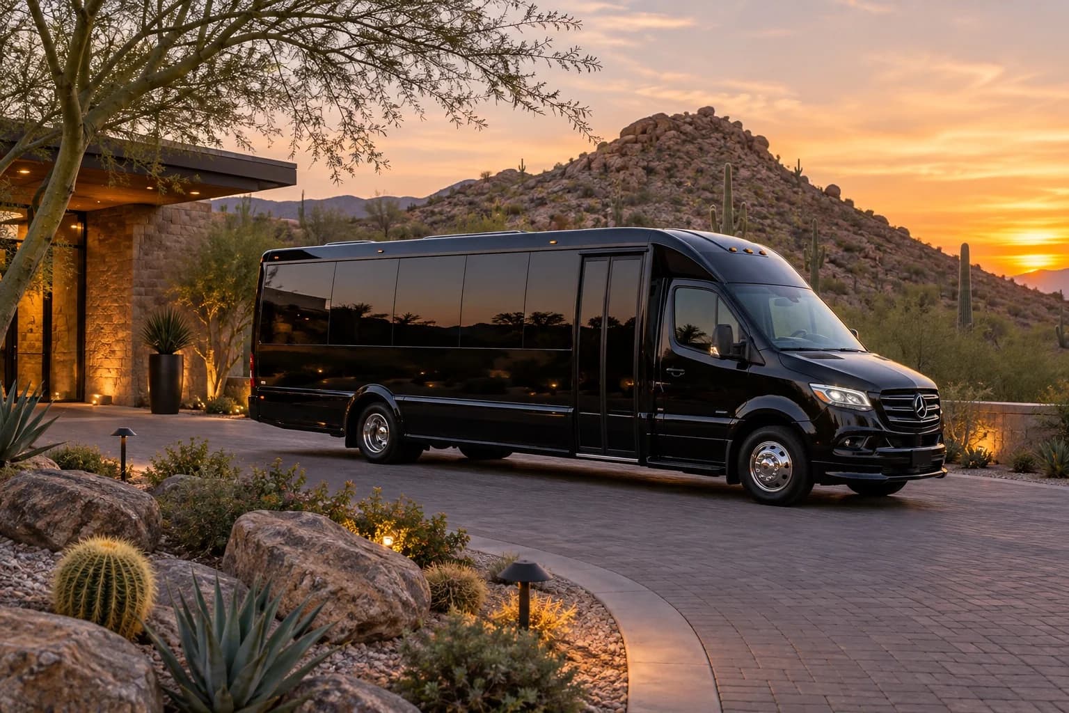Charter bus on a desert highway with passengers outside