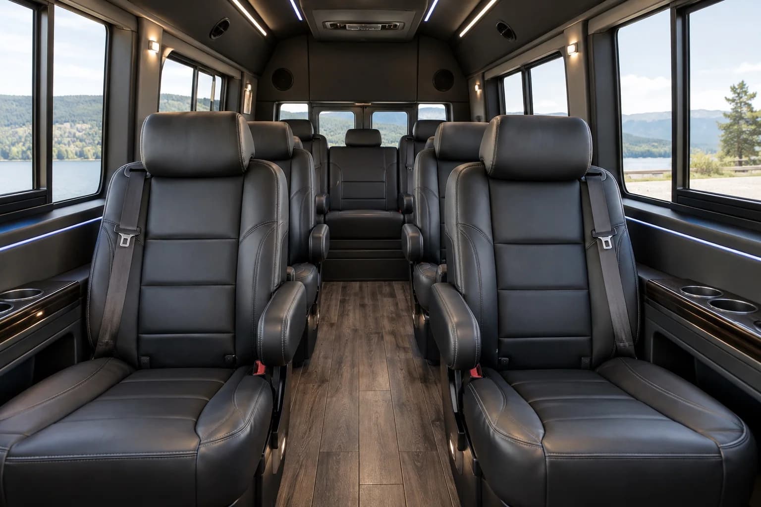Executive Sprinter interior with leather captain seats and a center aisle