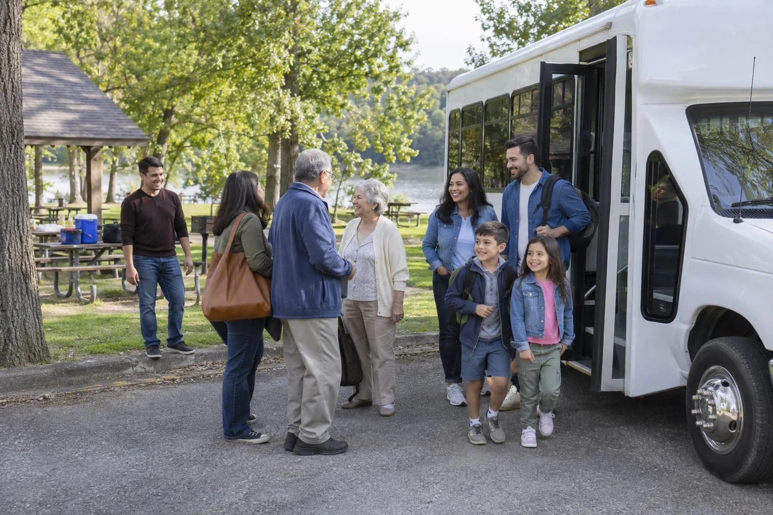 Extended family gathering beside a charter bus