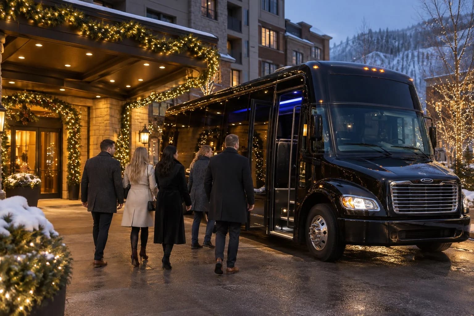 Group boarding a bus for a holiday evening outing