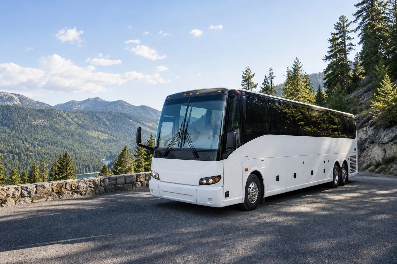 Coach on a mountain road with a group of passengers