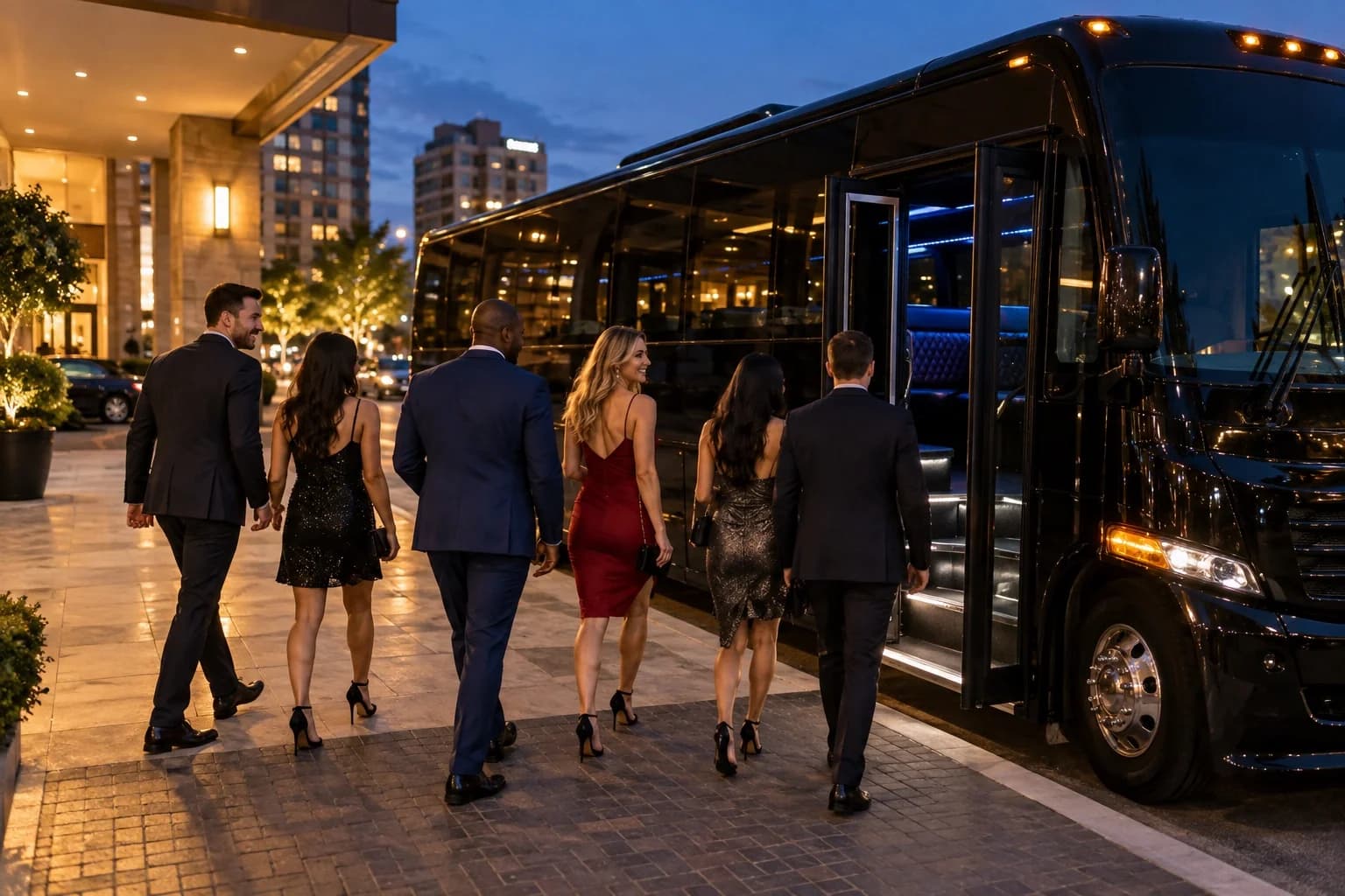 Group arriving at a nightlife venue beside a party bus