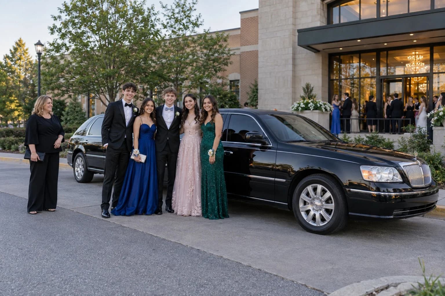 Prom group and chaperone beside a stretch limousine