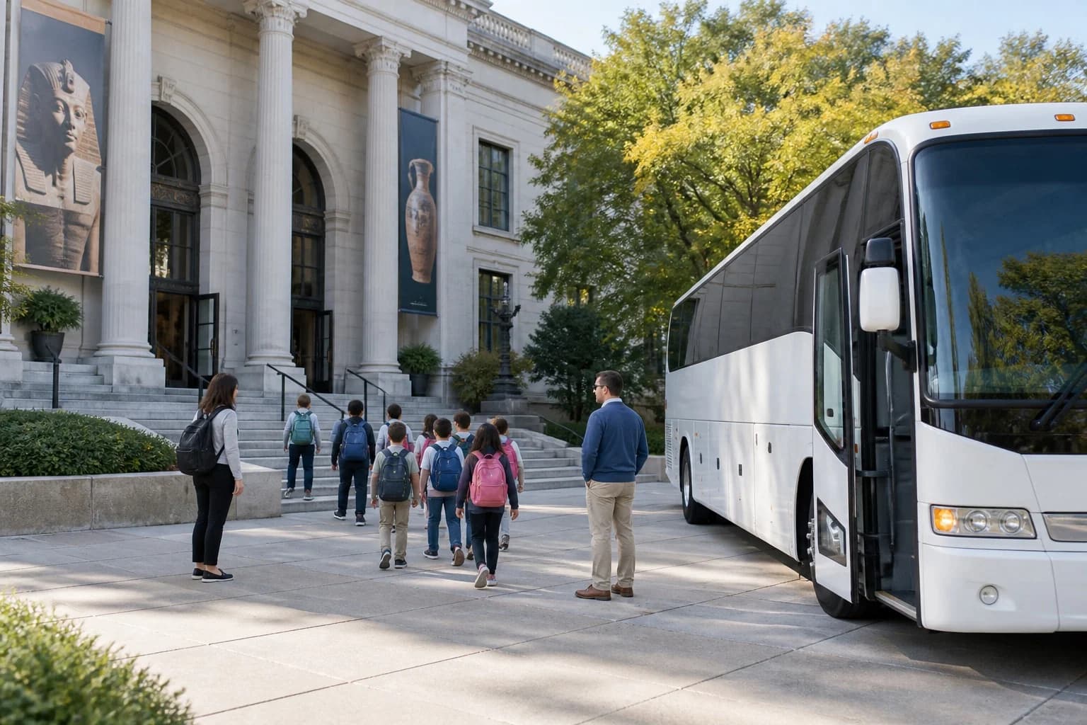 Students boarding a charter bus for a school trip