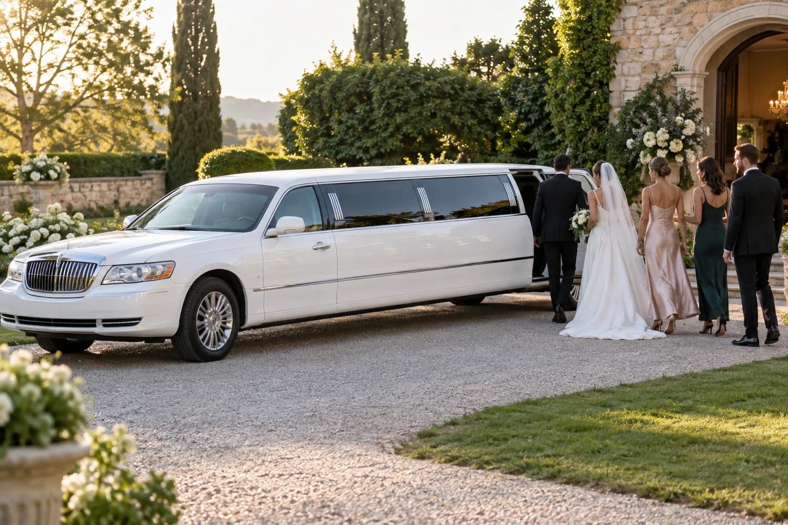 Wedding party stepping out beside a white stretch limousine