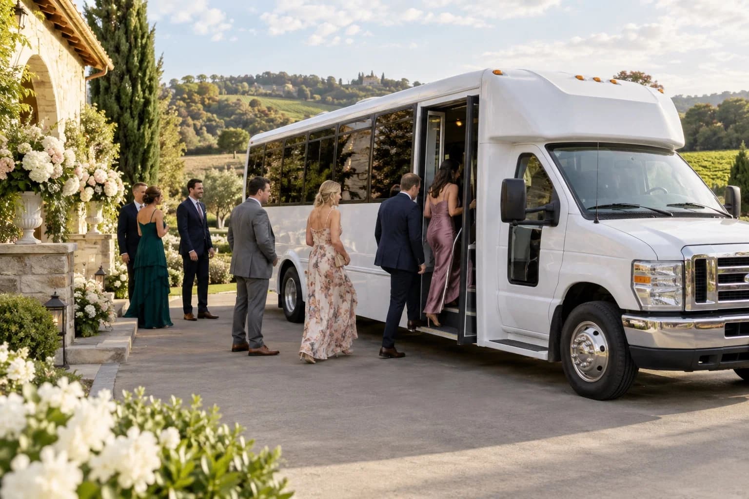 Guests boarding a wedding shuttle bus outside a venue
