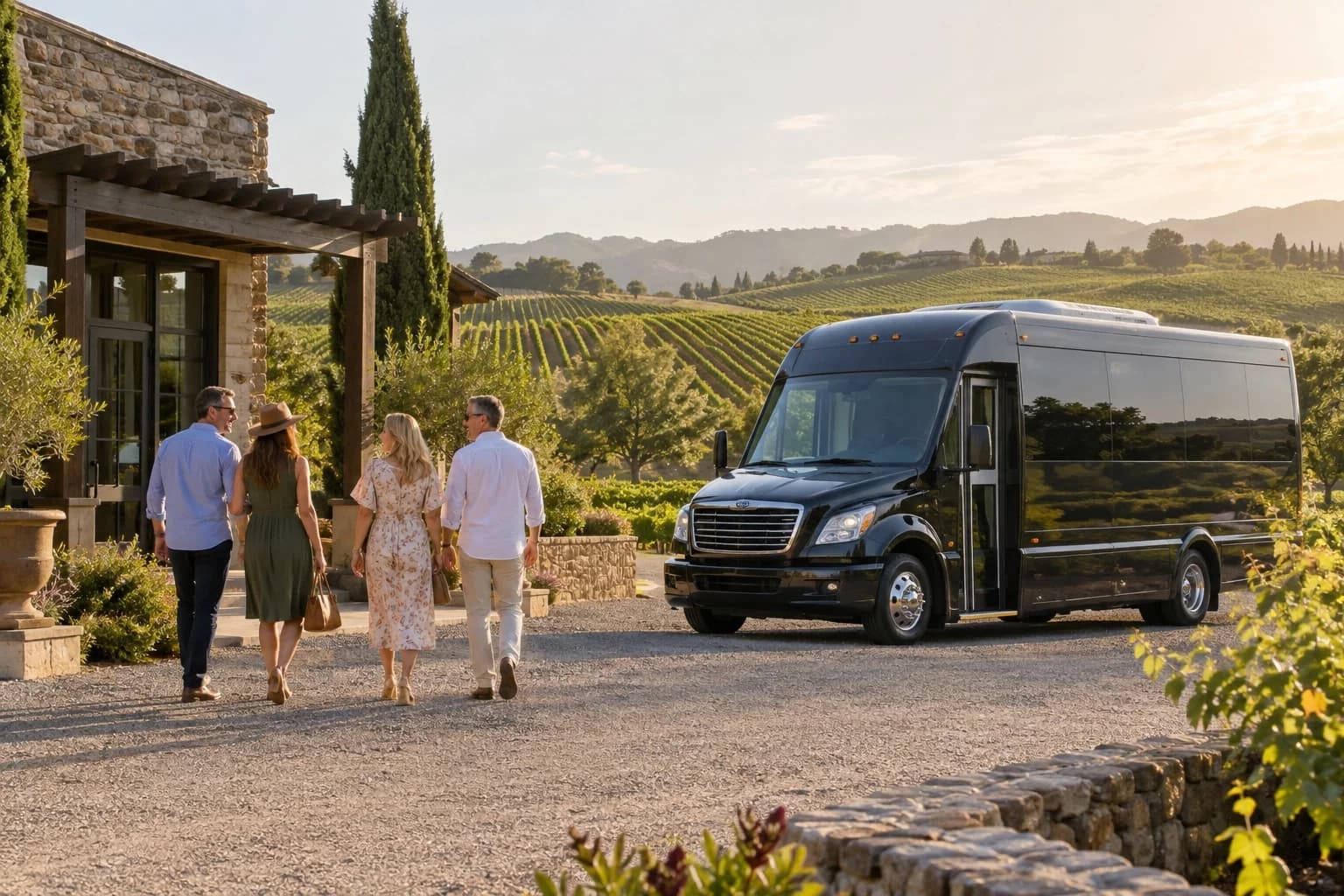Group arriving at a vineyard in a chauffeured bus