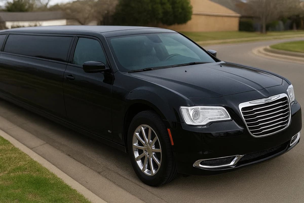 Black stretch limousine parked outside a hotel entrance