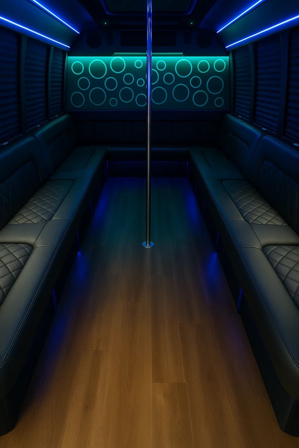 Party bus interior with perimeter leather seating and ceiling lighting