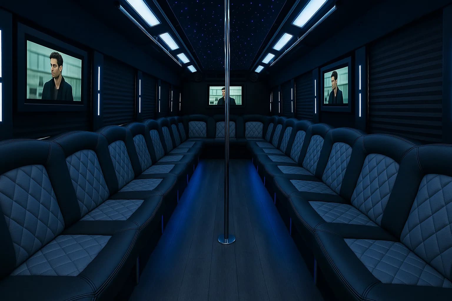 Large party bus interior with wraparound seating and a bar counter